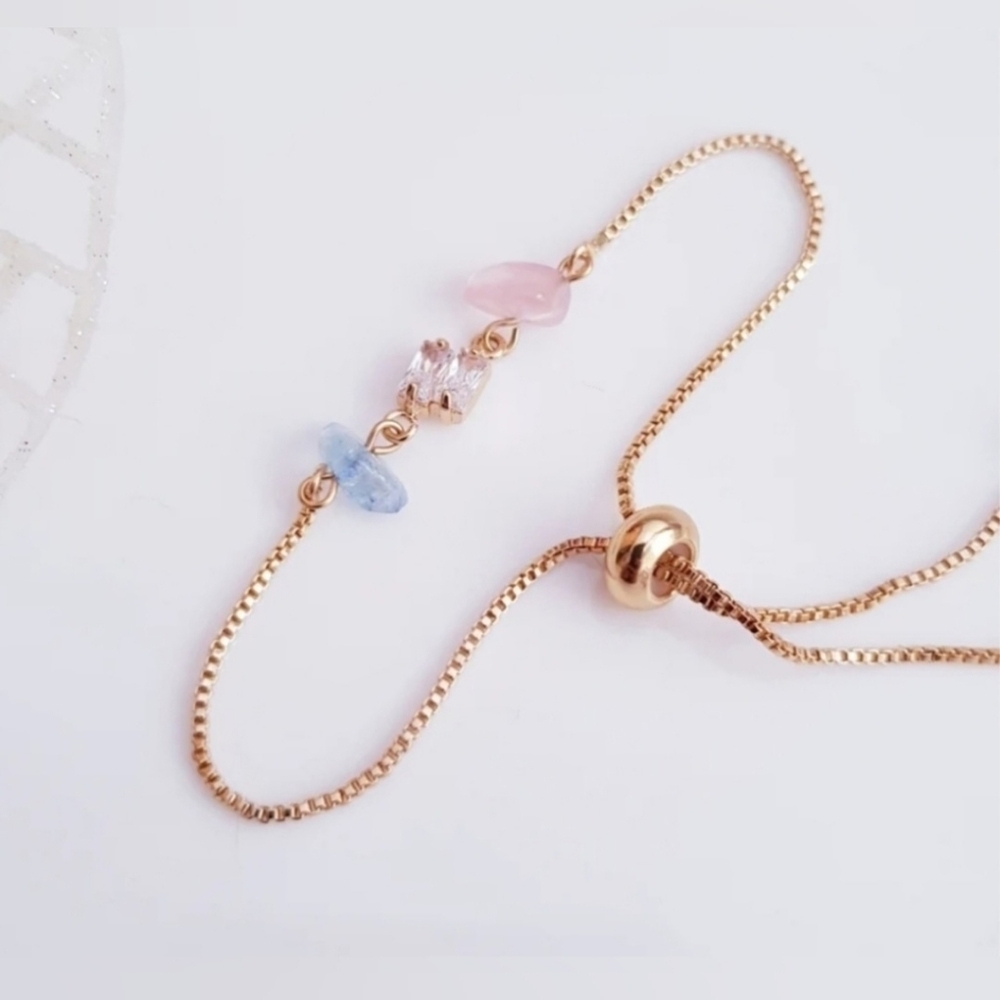 NWOT | Women's Rose Quartz, Aquamarine & CZ Crystal Bracelet | 18K Gold Plated - Picture 6 of 8